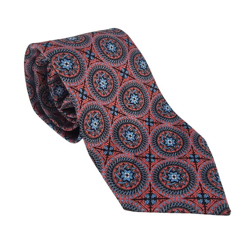 Bruno Marchesi‎ Silk Jacquard Tie Medallion Coral Pink Blue Luxury Office Easter